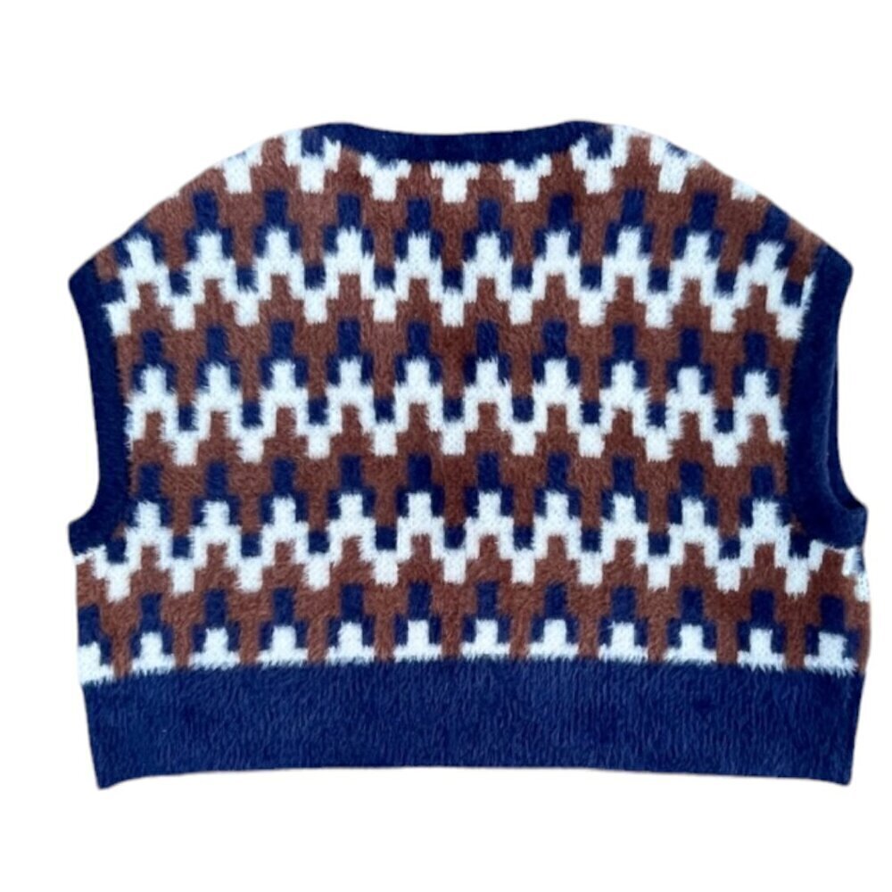 KENDALL + KYLIE Knitted Soft Fluffy Oversized V-Neck VEST Blue Brown White Med - Picture 8 of 10